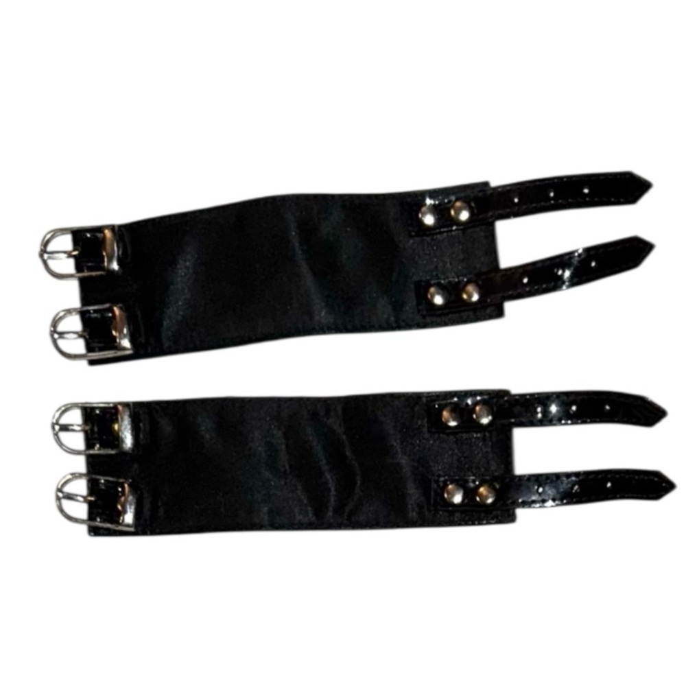 Pair of Black Satin Cuff Bracelets w 2 Patent Leather Silver Buckle Closures